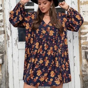 Rusttydustty Women 3XL Blue Floral Leaves Fall Boho V-Neck Balloon Sleeve Dress